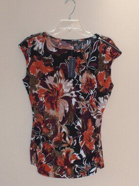 Adrienne Vittadini Women's Black Floral Cap Sleeve Knit Zipper Detail Top Size S